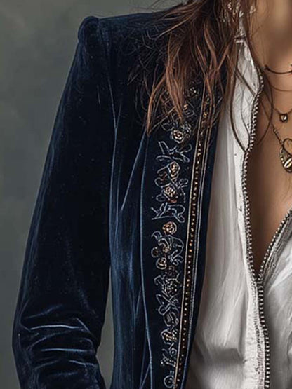 Women's Embroidered Tailored Fit Long Sleeve Blazer Jacket