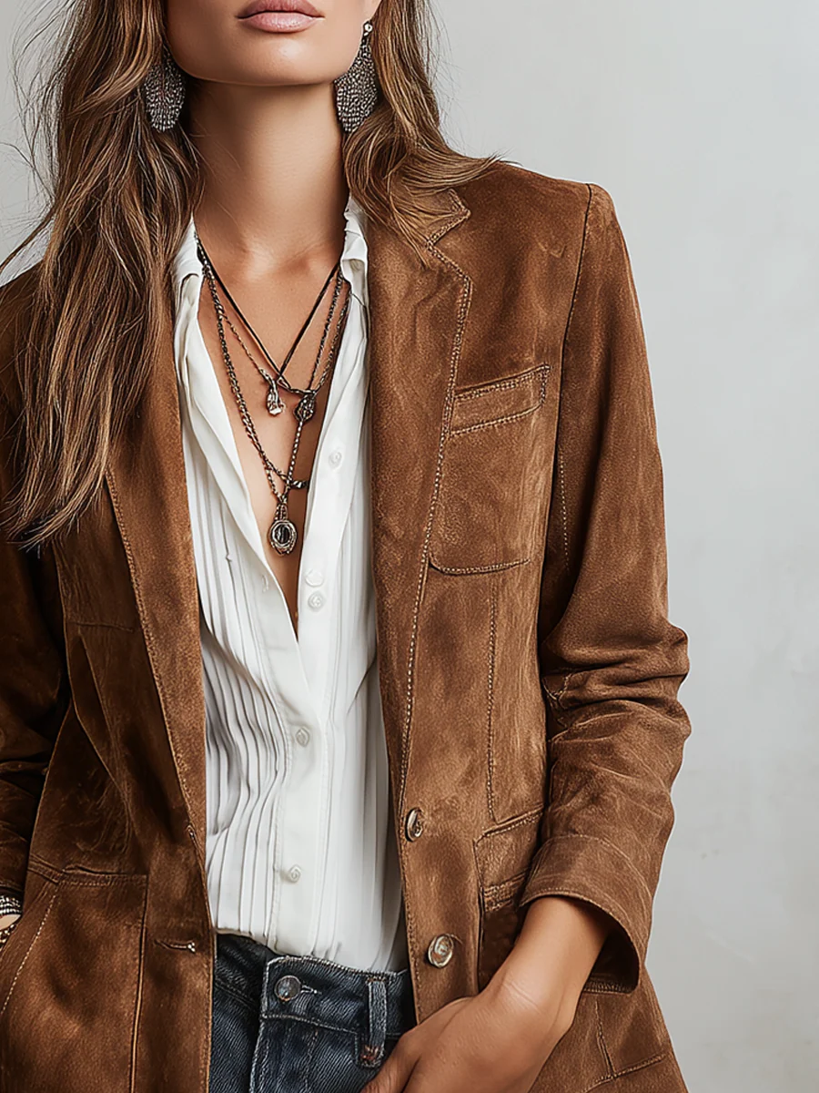 Notch Lapel Button-Down Leather Blazer