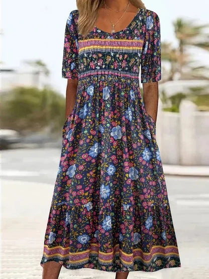 Floral Printed Scoop Smocked Tiered Dress