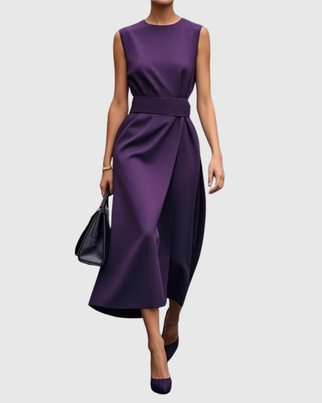 Plain Fitted Sleeveless Cinched Overlaid Flared Dress