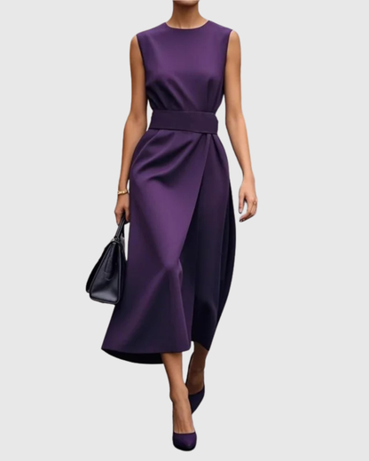 Plain Fitted Sleeveless Cinched Overlaid Flared Dress