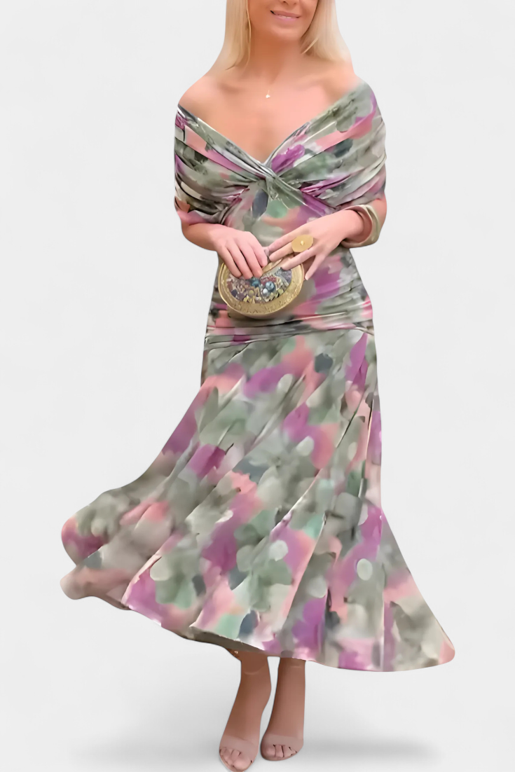 Twist Front Pleated Long Dress