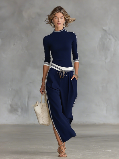 Mock Neck Raglan Sleeve Top Striped Fitted Trouser Set