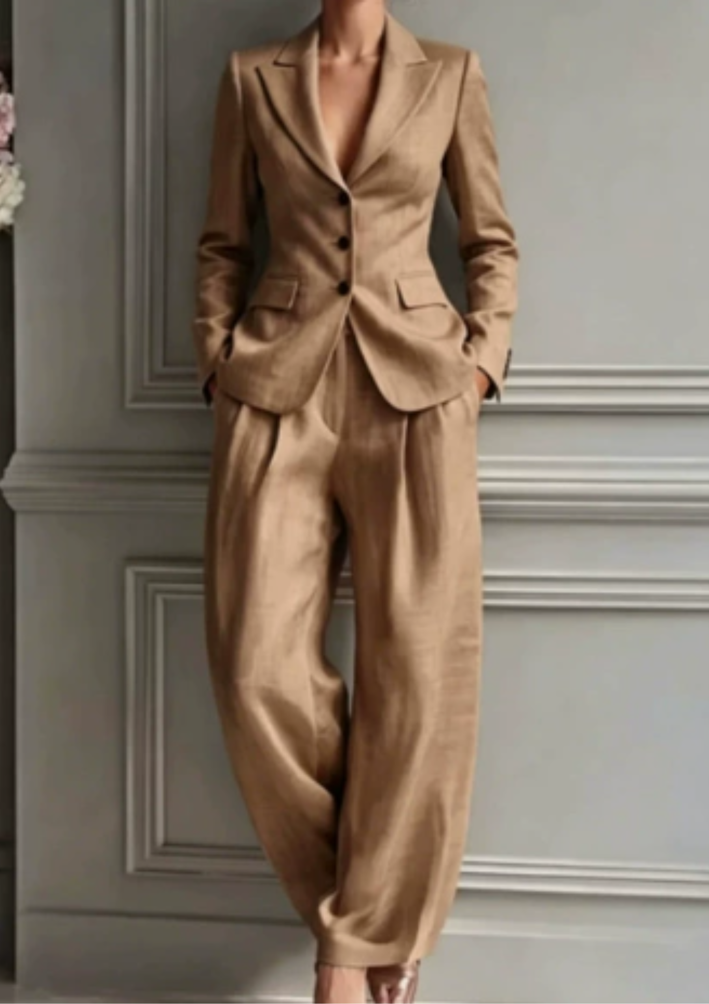 Tailored Collared Fitted Pleated Wide Long Set