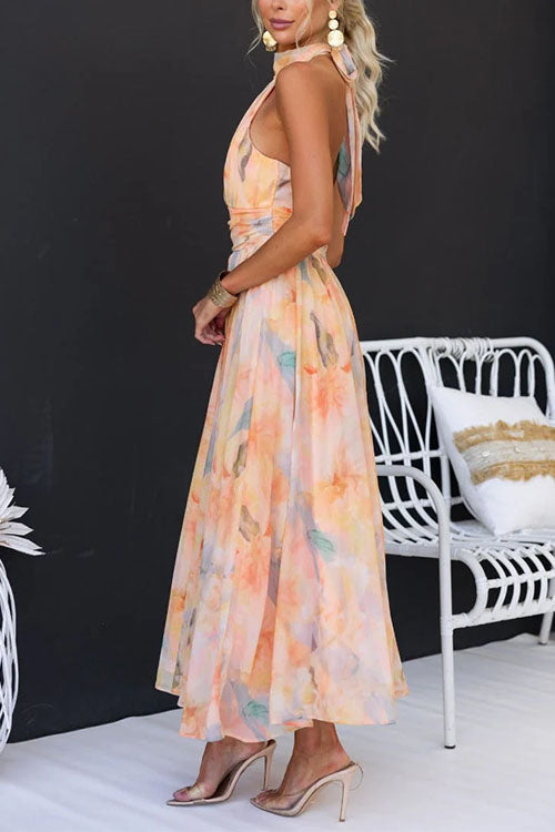 Halter Sleeveless Ruched Flared Printed Maxi Dress