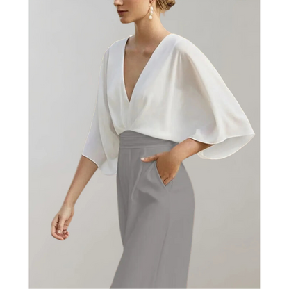 Wide Leg V Neck Flutter Sleeve Jumpsuit