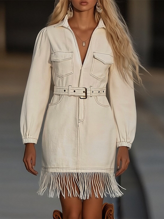Fringed Belted Pocketed Long Sleeved Mini Dress