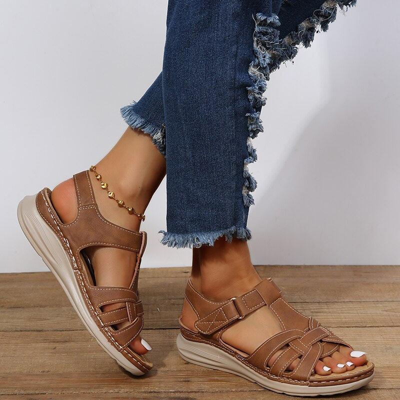 Contrast Stitched Strappy Wedge Platform Sandals