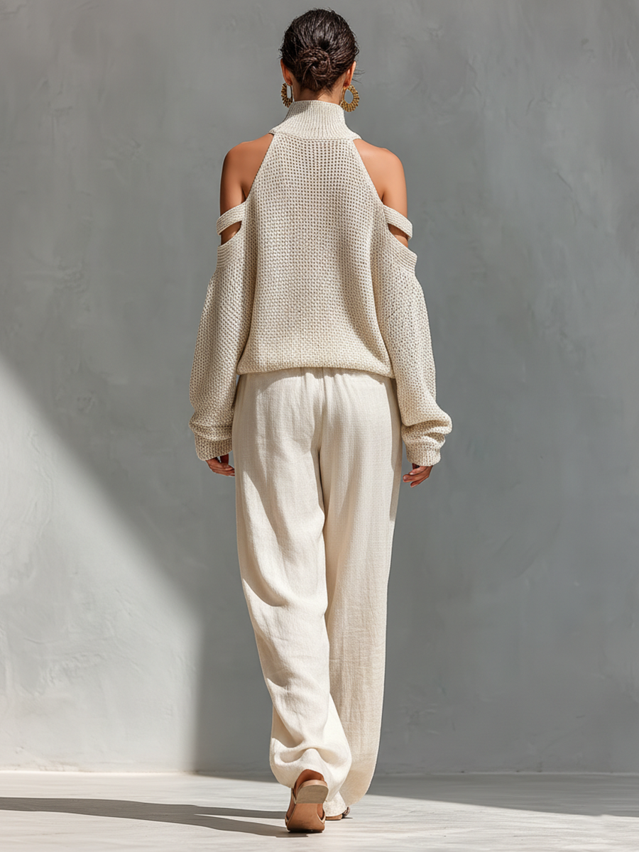 High Neck Cutout Shoulder Knitted Set