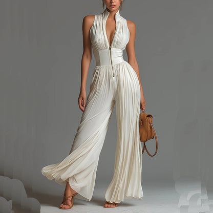 Pleated Sleeveless Mock Neck Zipper Wide Leg Jumpsuit