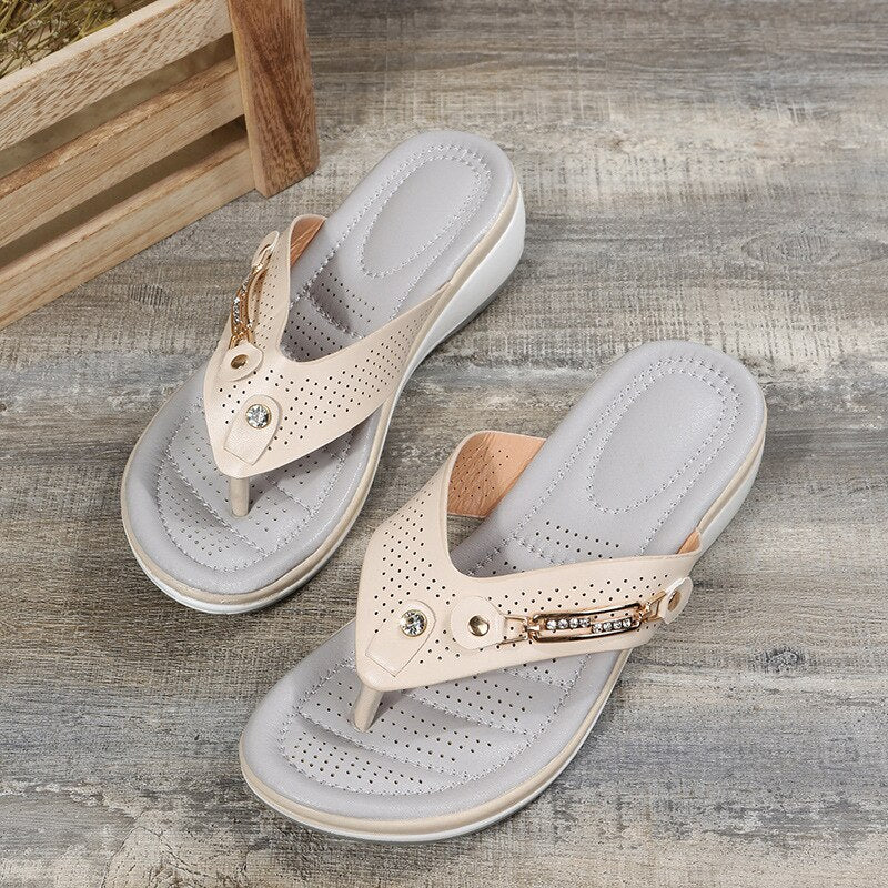 Open Backless Thong Wedge Perforated Grooved Sandals