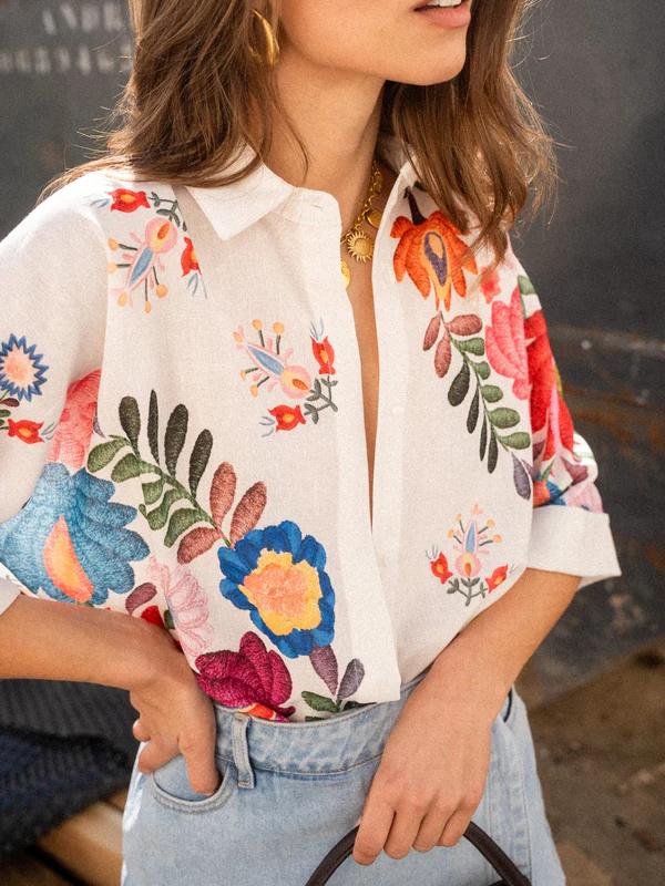 Button Front Collared Printed Blouse