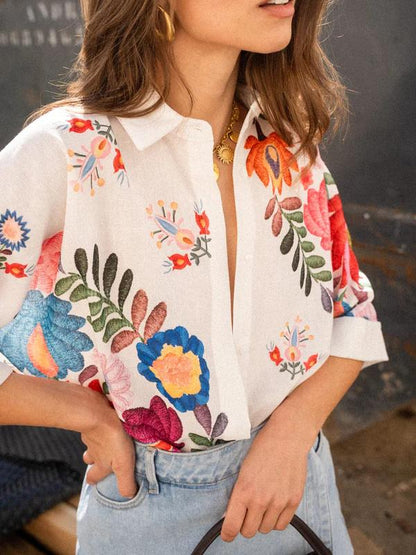 Button Front Collared Printed Blouse