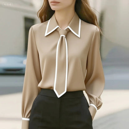 Contrast Trim Collared Tie Neck Blouse