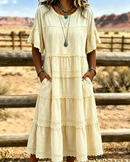 Tiered Scalloped Gathered Pocketed Flared Textured Dress