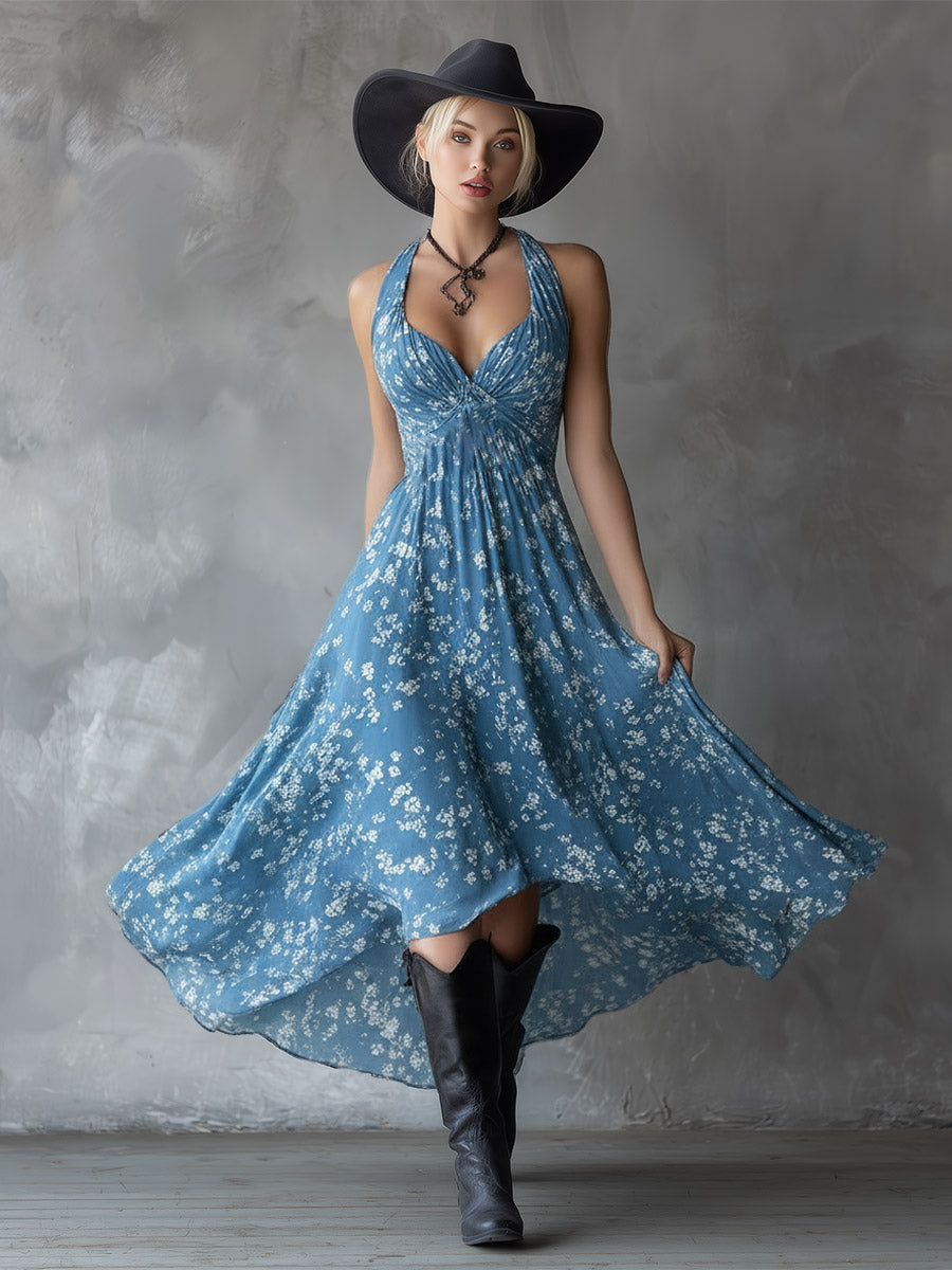 Halter Floral Sleeveless Ruched Fitted Asymmetrical Dress