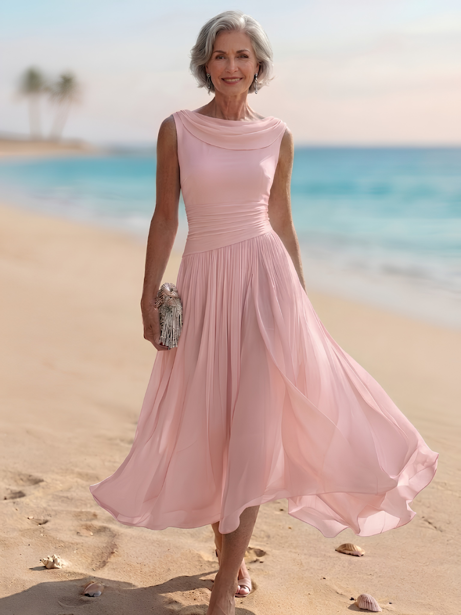 Draped Neck Sleeveless Pleated A-Line Wedding Guest Midi Dress