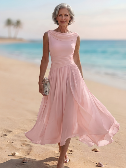 Draped Neck Sleeveless Pleated A-Line Wedding Guest Midi Dress