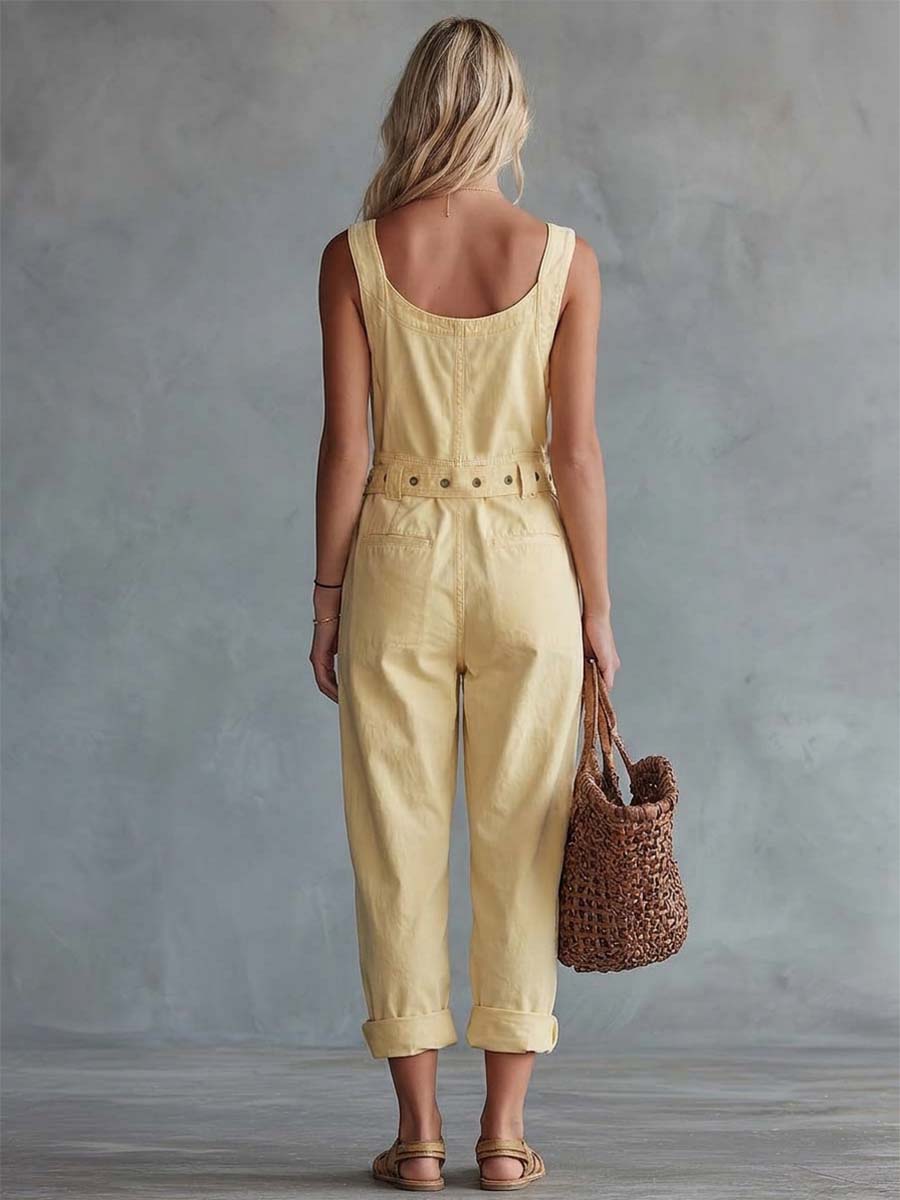 Sleeveless Square Zippered Belted Pocketed Relaxed Jumpsuit
