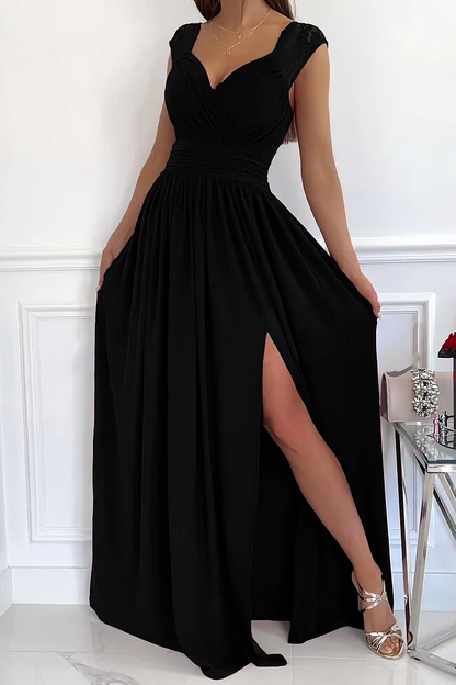 Ruched Surplice Slit Cap Maxi Gathered Dress