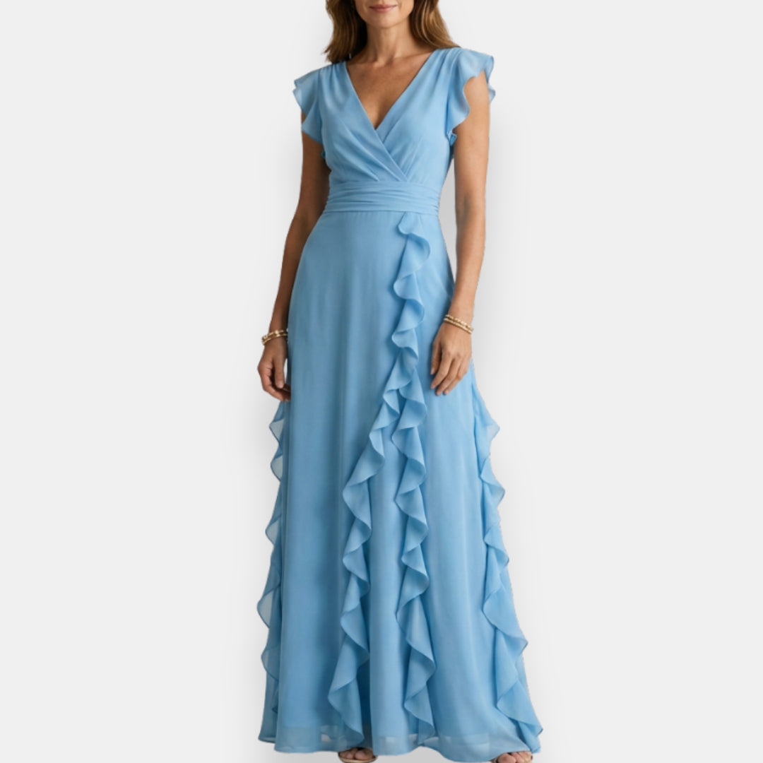 V Flutter Ruched Ruffled Maxi Dress