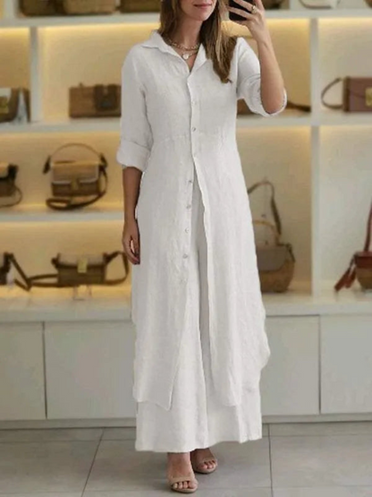 Women's Collared Long Sleeve Button-Front Maxi Shirt Dress Set