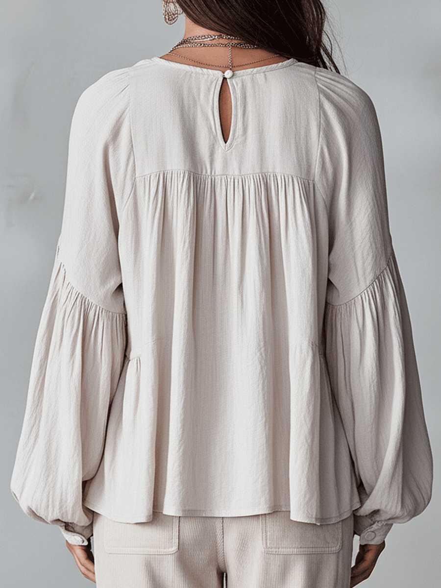 Solid Ruffled V Neck Lantern Sleeve Top