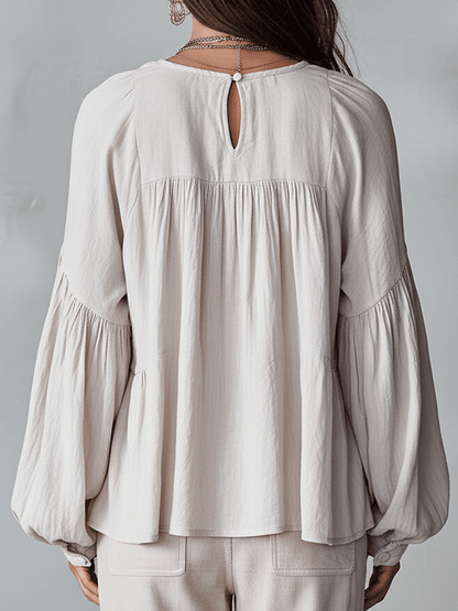 Solid Ruffled V Neck Lantern Sleeve Top