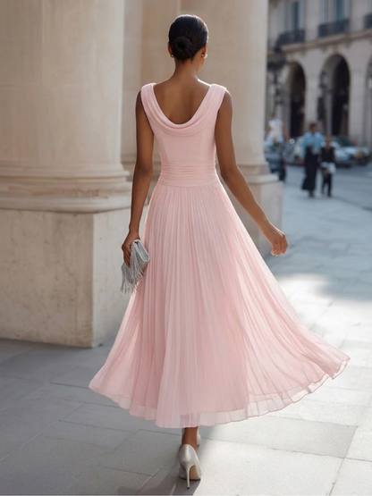 Draped Neck Sleeveless Pleated Midi Dress