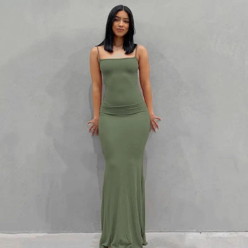 Square Neck Spaghetti Strap Fitted Maxi Dress