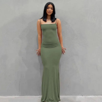 Square Neck Spaghetti Strap Fitted Maxi Dress