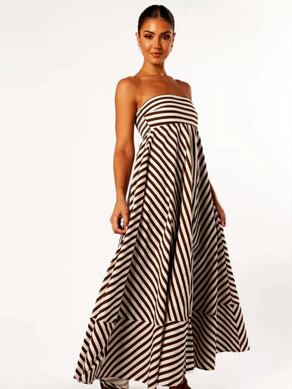 Strapless Diagonal Striped Flare Maxi Dress