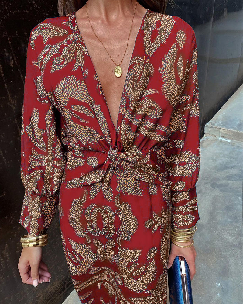 Knotted Plunging Printed Midi Dress