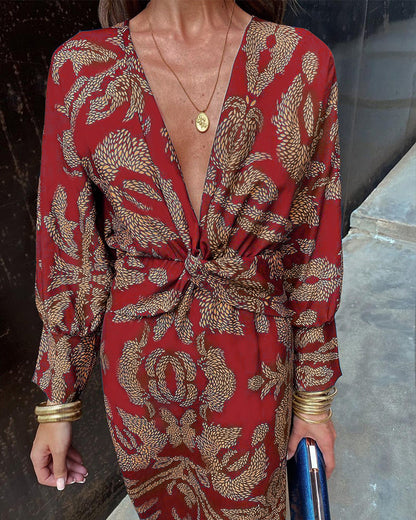 Knotted Plunging Printed Midi Dress