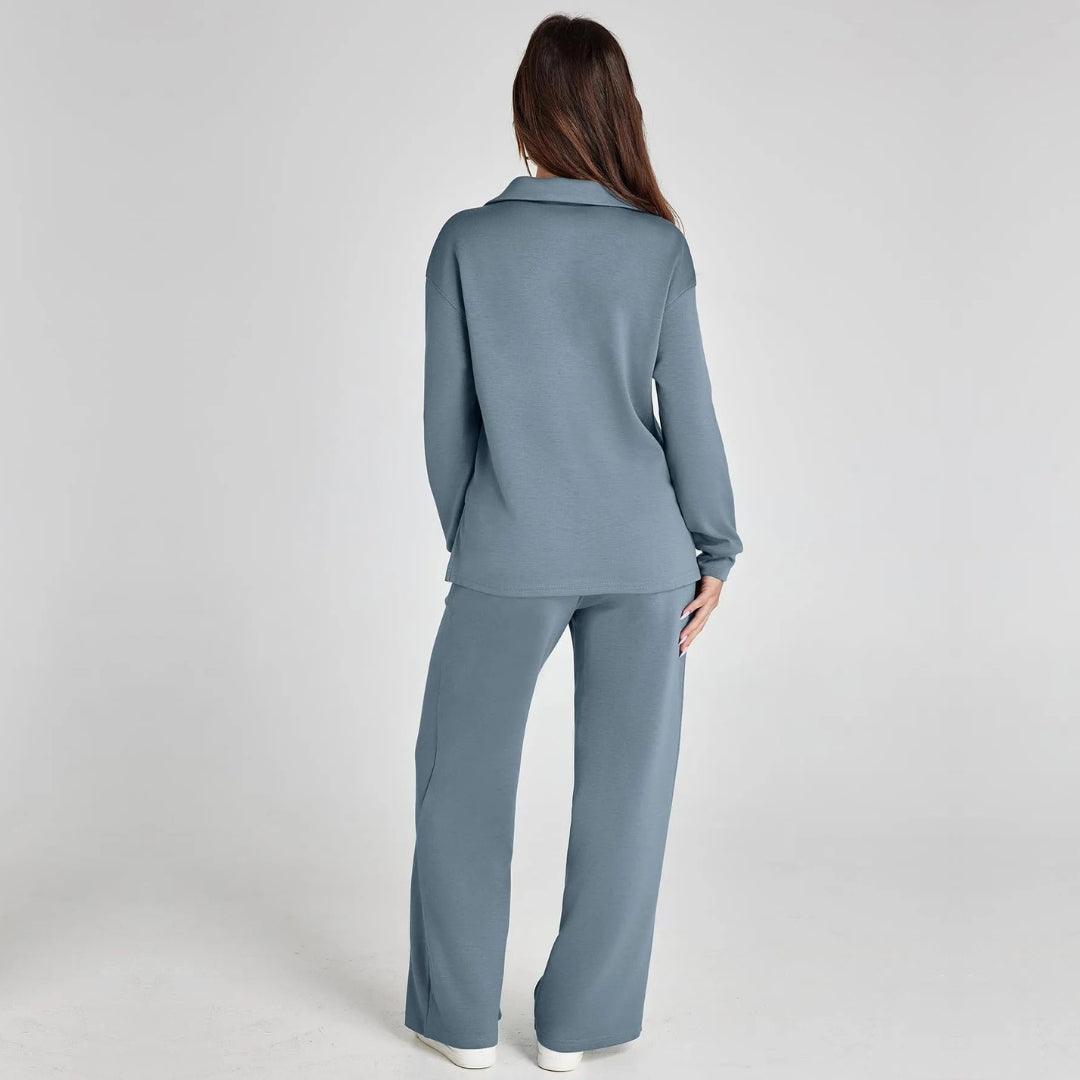 Women's V-Neck Long Sleeve Loungewear Set with Wide Leg Trousers