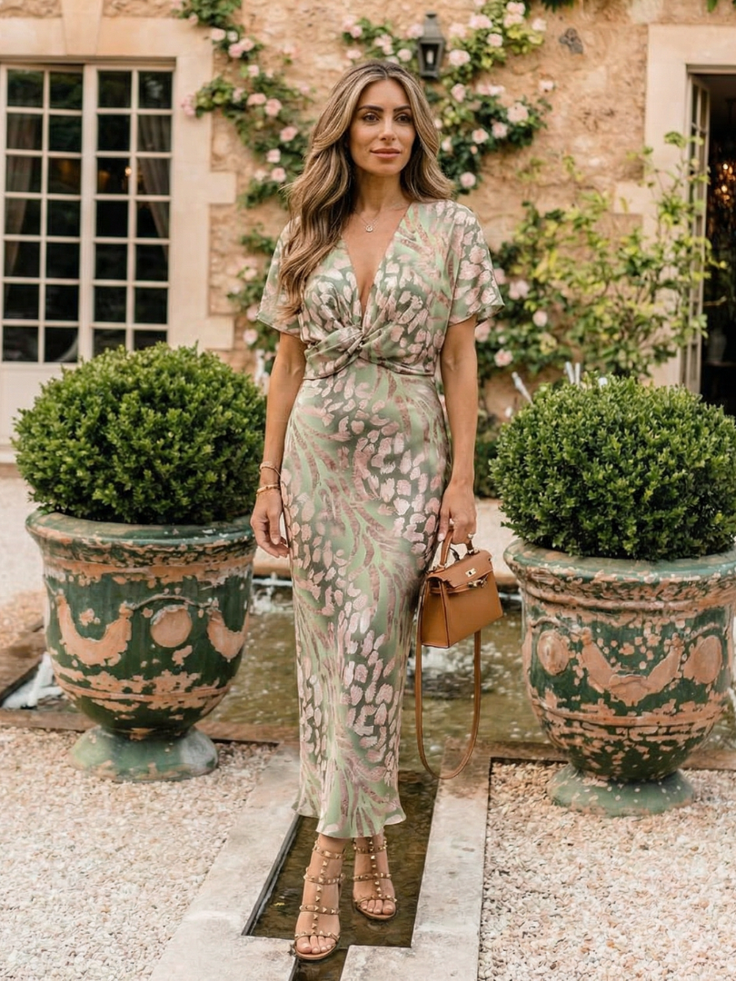 V Neck Short Sleeve Twist Front Patterned Maxi Fitted Dress