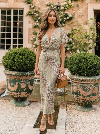 V Neck Short Sleeve Twist Front Patterned Maxi Fitted Dress