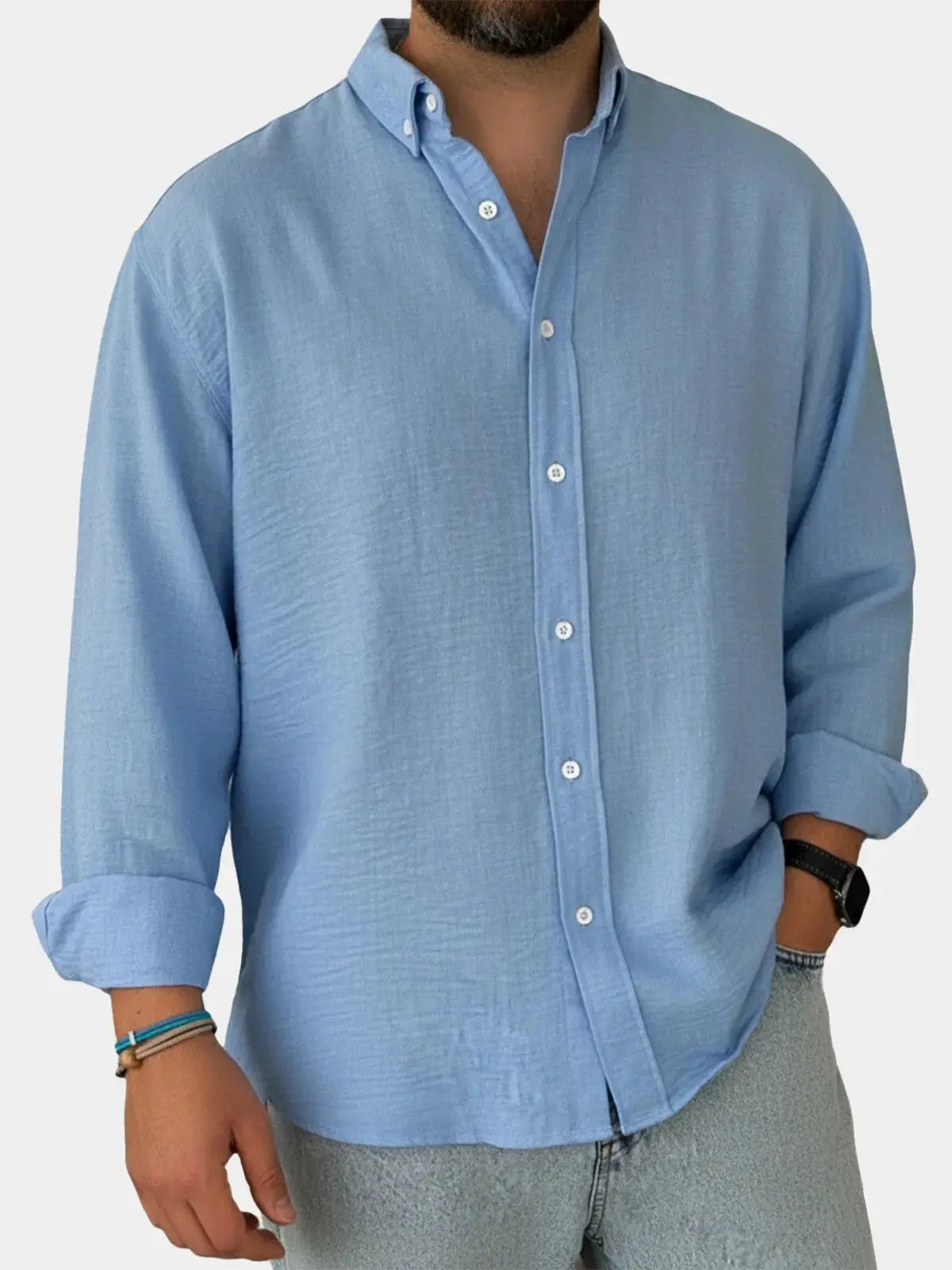 Collared Buttoned Cuffed Textured Curved Plain Shirt
