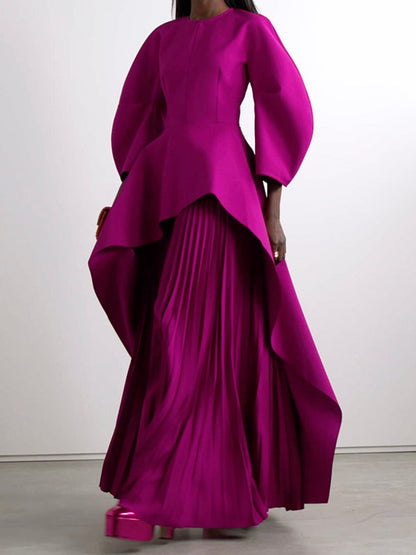 Long Sleeves Loose Pleated Tiered Round-Neck Maxi Dress