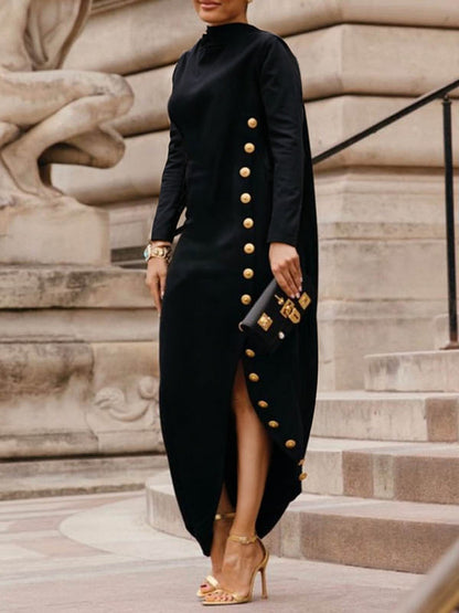 Buttoned Mock Neck Long Sleeve Slit Dress