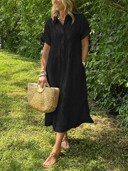 Striped Collared Buttoned Short Sleeved Dress