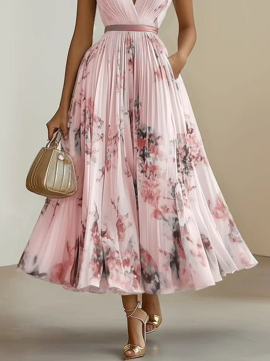Deep V Neck Pleated Printed Dress