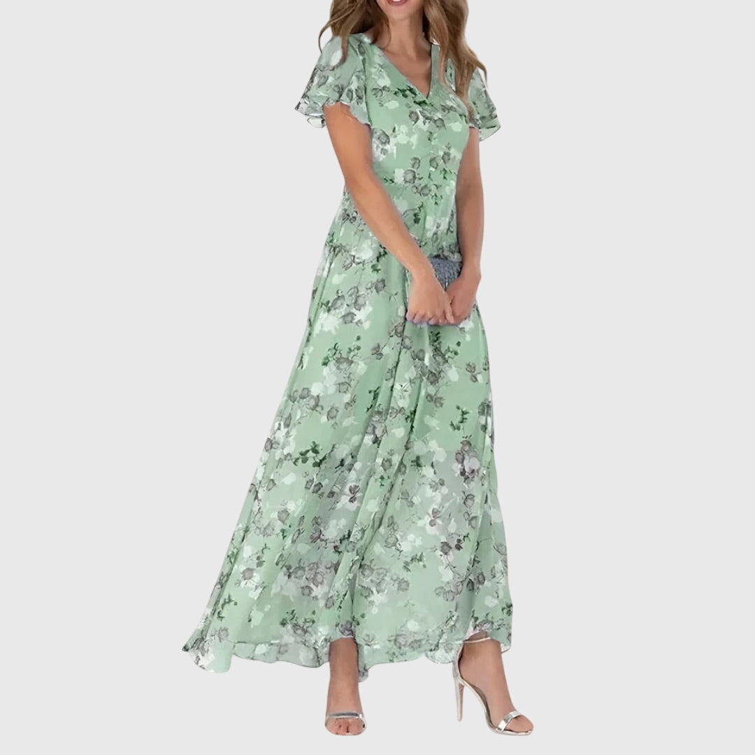 Flutter Sleeve V Neck Floral Print High Waist Dress Maxi