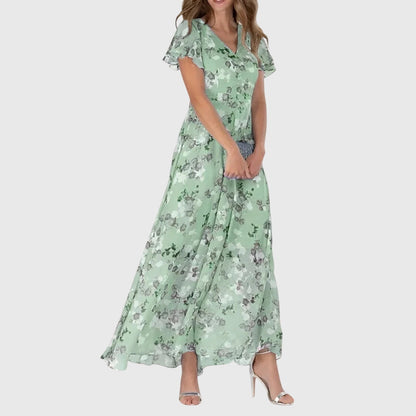 Flutter Sleeve V Neck Floral Print High Waist Dress Maxi