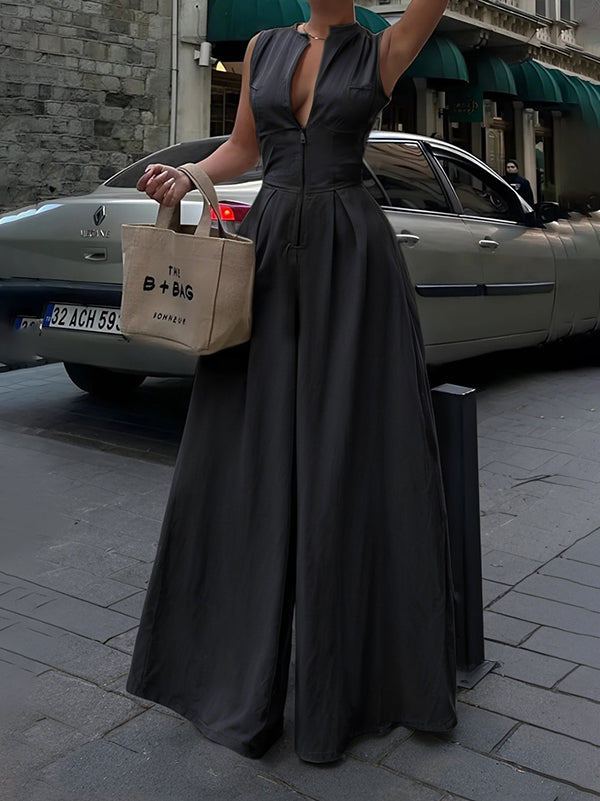 Sleeveless Zippered Pleated Maxi Fitted Flared Jumpsuit