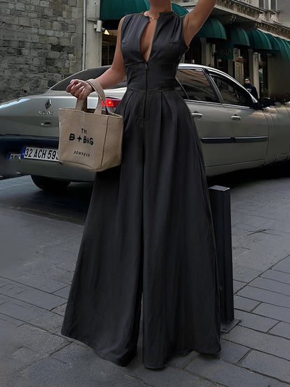 Sleeveless Zippered Pleated Maxi Fitted Flared Jumpsuit