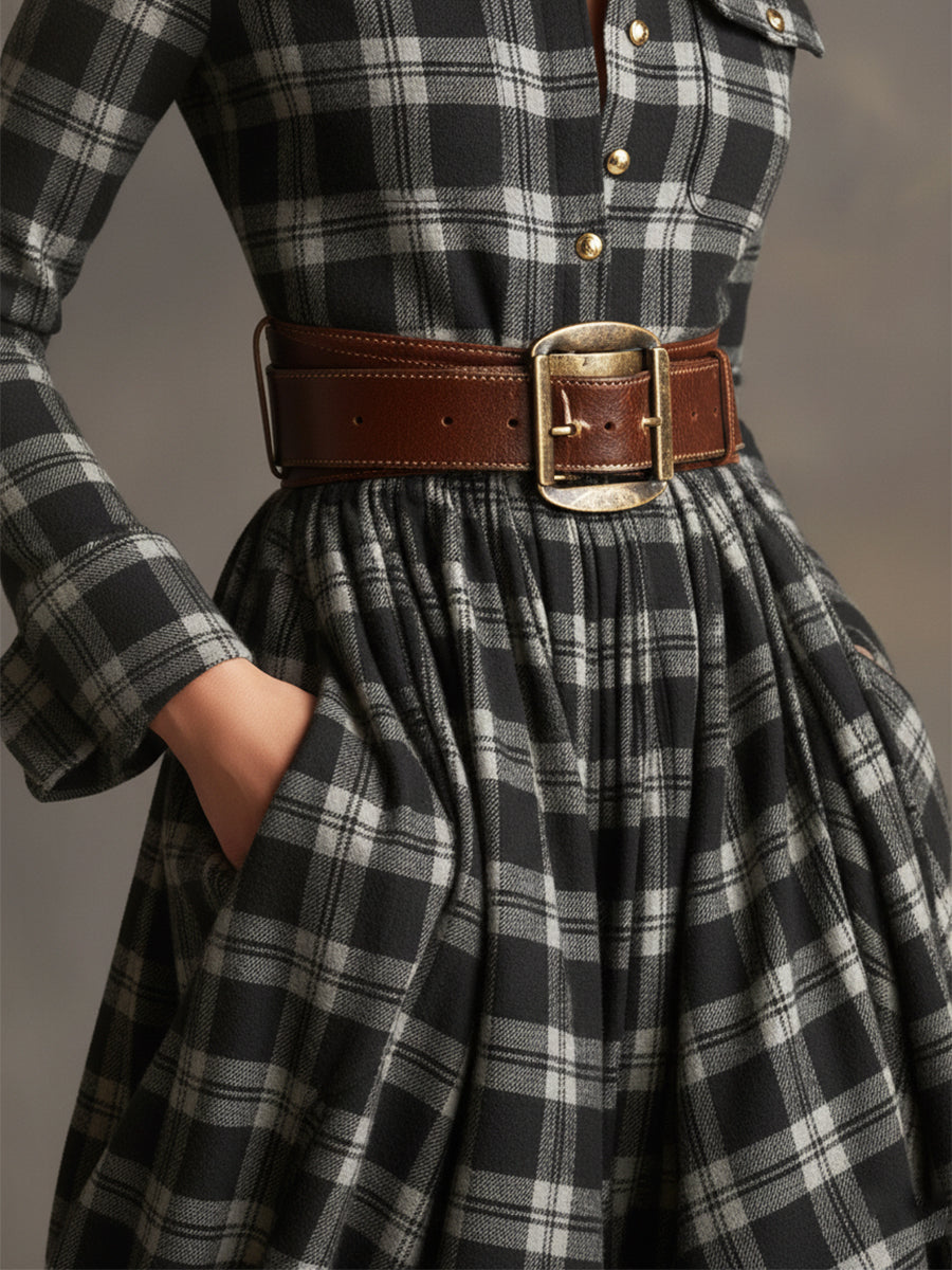 Collared Long Sleeved Plaid Pocketed Maxi Dress