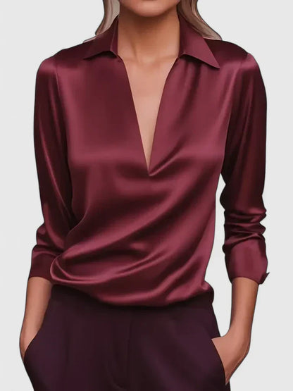 Solid Plunging Collared Draped Cuffed Sleeved Top