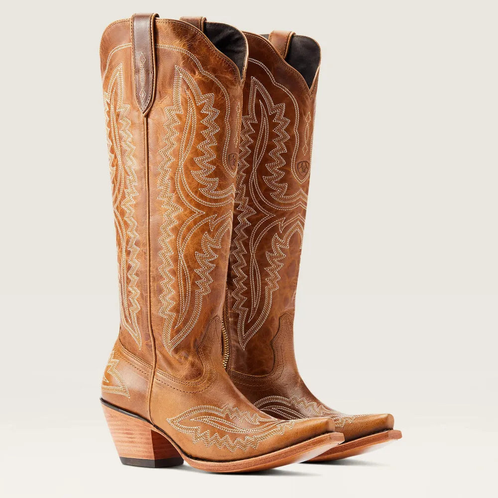 Patterned Zipped Stacked Pointed Tall Boots