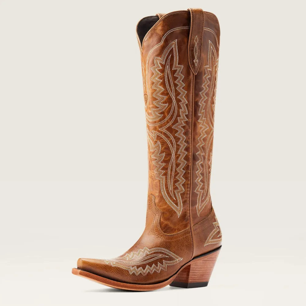 Patterned Zipped Stacked Pointed Tall Boots